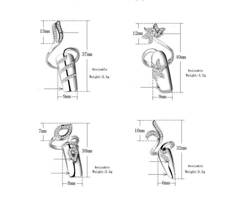 Suoirblss 4 PCS Rhinestone Finger Tip Nail Ring Adjustable Opening Nail Art Charms Accessories Silver Women's Fashion Protecting Fingernail - Image 2